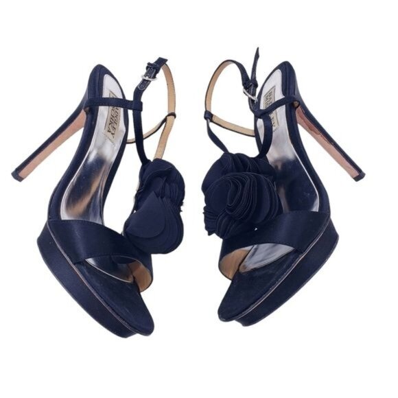 Badgley Mischka Black Adele Flower Ankle Strap Heels Shoes Women's Size 8 - Picture 1 of 11